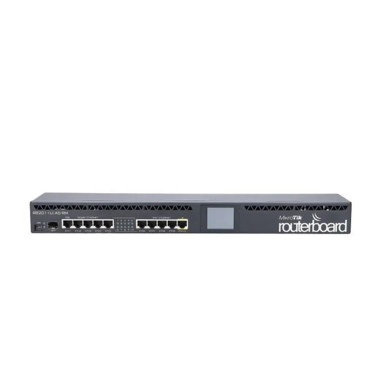 MikroTik RouterBOARD RB2011UiAS rackmount router with 10 Ethernet ports, SFP slot, and LCD display for advanced Layer 3 networking.
