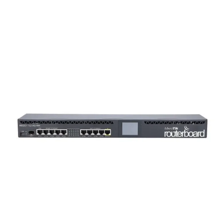 MikroTik RouterBOARD RB2011UiAS rackmount router with 10 Ethernet ports, SFP slot, and LCD display for advanced Layer 3 networking.