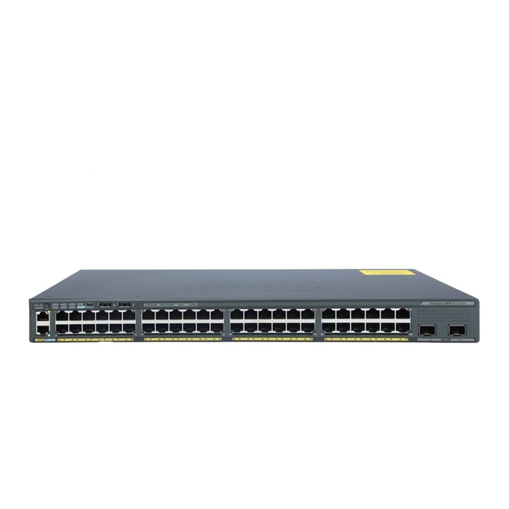 Front view of Cisco Catalyst 2960-X Series 48-Port PoE+ Ethernet Switch with SFP+ uplinks and FlexStack module