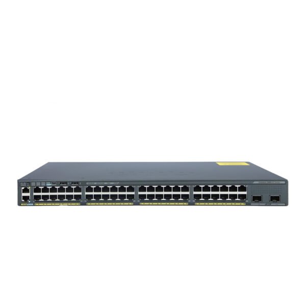 Front view of Cisco Catalyst 2960-X Series 48-Port PoE+ Ethernet Switch with SFP+ uplinks and FlexStack module