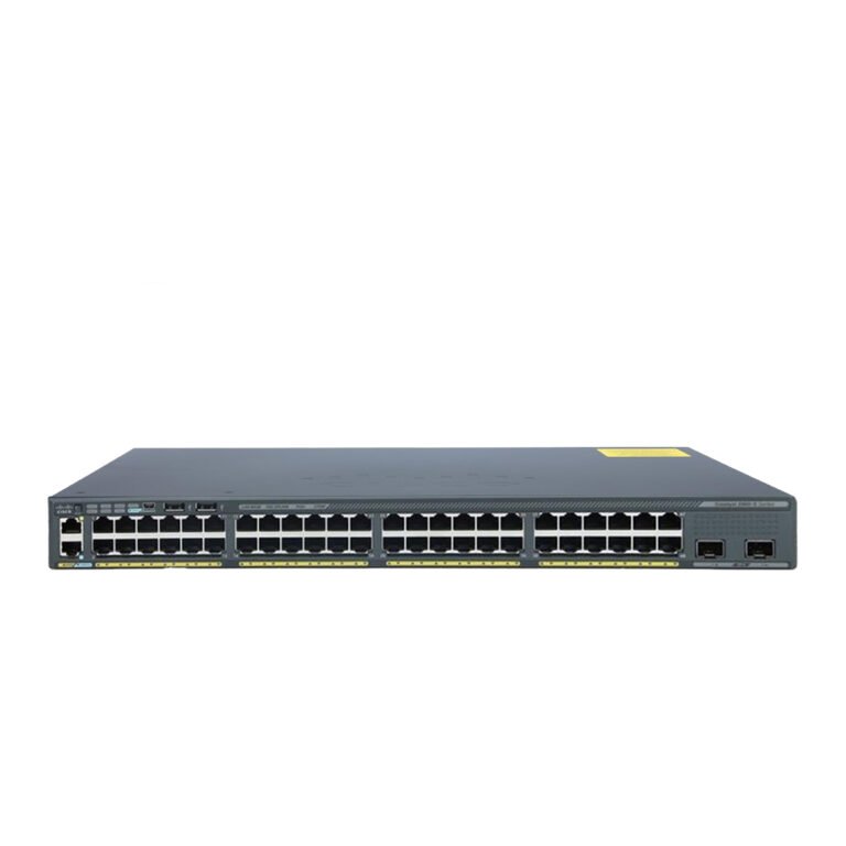 Front view of Cisco Catalyst 2960-X Series 48-Port PoE+ Ethernet Switch with SFP+ uplinks and FlexStack module
