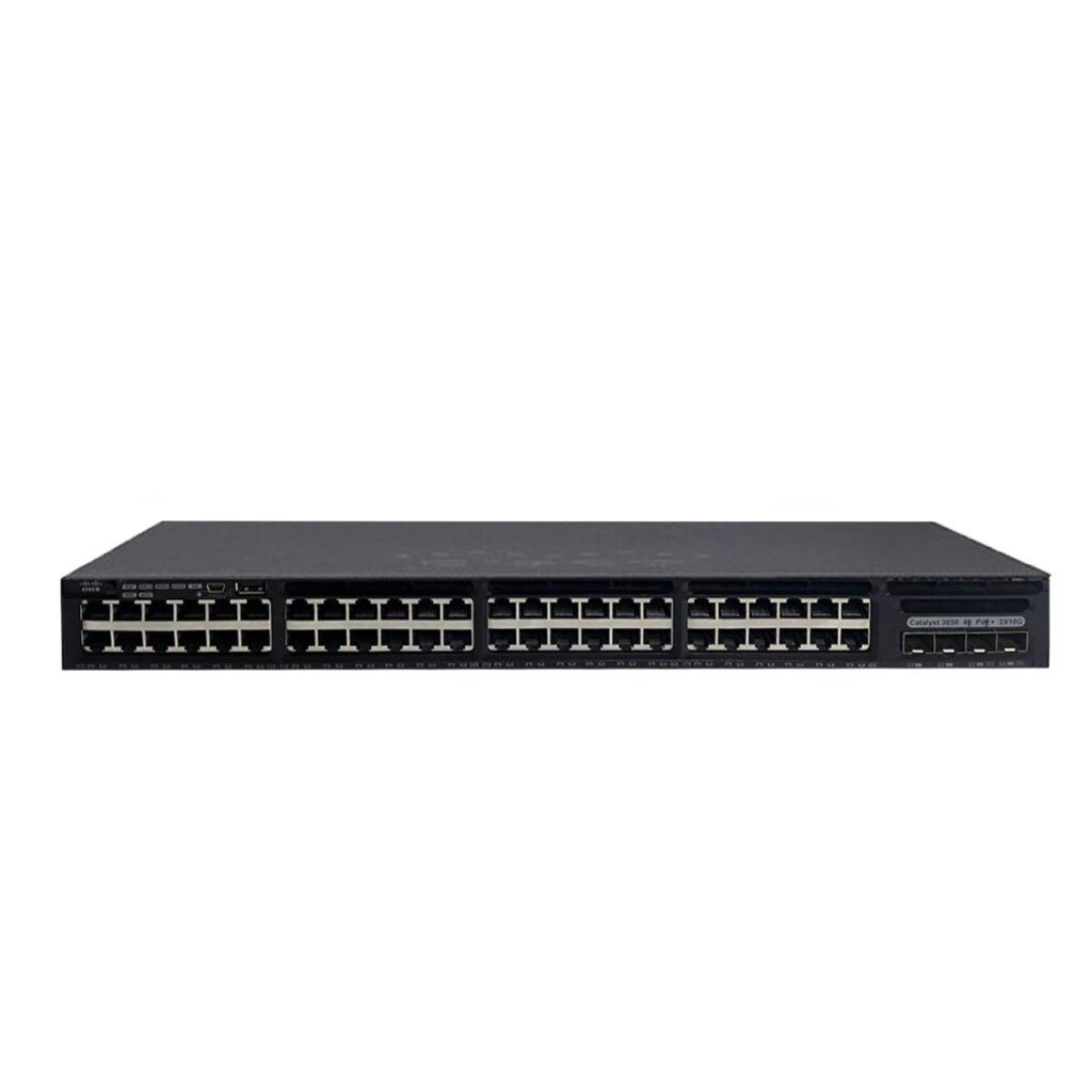 Front view of Cisco Catalyst 3650 48 Port PoE+ Gigabit Ethernet Switch