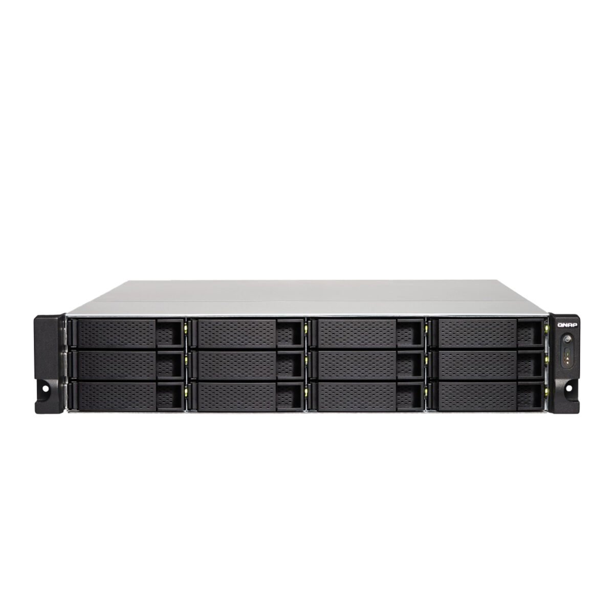 QNAP TS-1263U-RP 12-bay rackmount NAS with AMD quad-core processor, 10GbE connectivity, and redundant power supply for SMB storage and virtualization