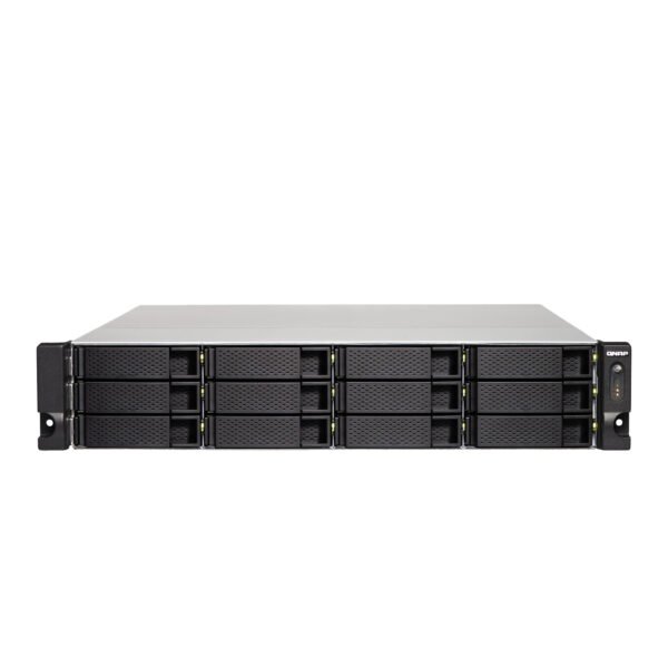 QNAP TS-1263U-RP 12-bay rackmount NAS with AMD quad-core processor, 10GbE connectivity, and redundant power supply for SMB storage and virtualization