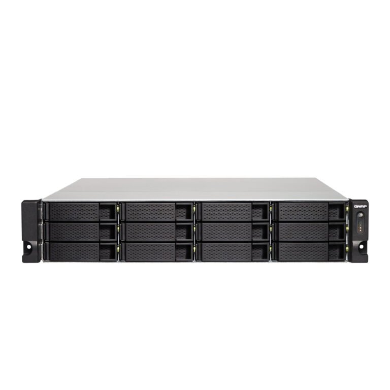 QNAP TS-1263U-RP 12-bay rackmount NAS with AMD quad-core processor, 10GbE connectivity, and redundant power supply for SMB storage and virtualization