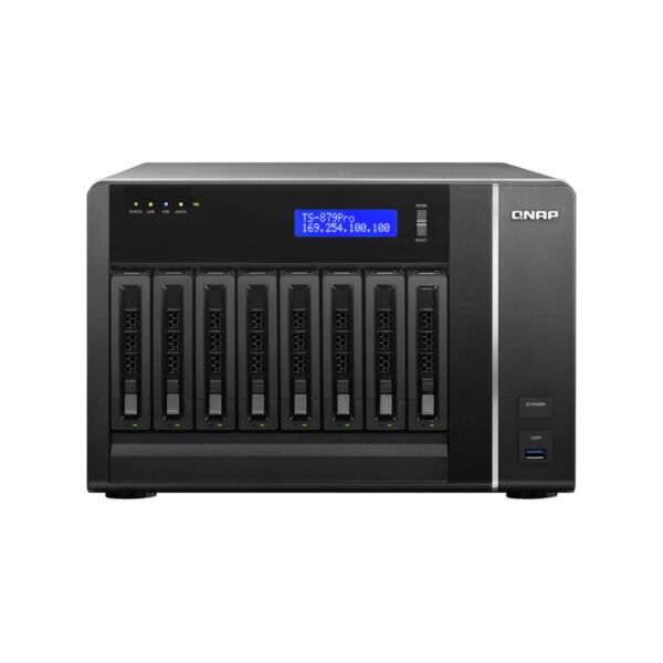 QNAP TS-879 Pro Turbo NAS device showing front panel and drive bays